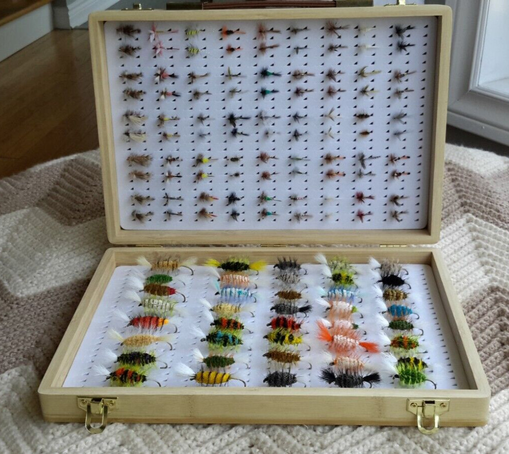 Fly Box.  Fly Case With Fish Logo  (wood) 12" x 8-1/4" x 2"..  30 cm x 20.7