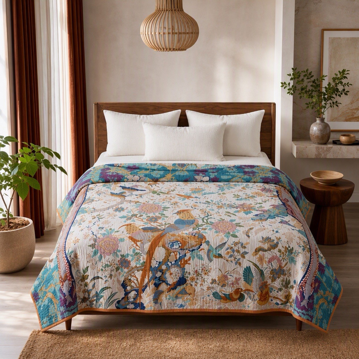 NEW Anthropologie Reversible Boho Bird Queen Cotton Bedspread Blanket 80" x 90"