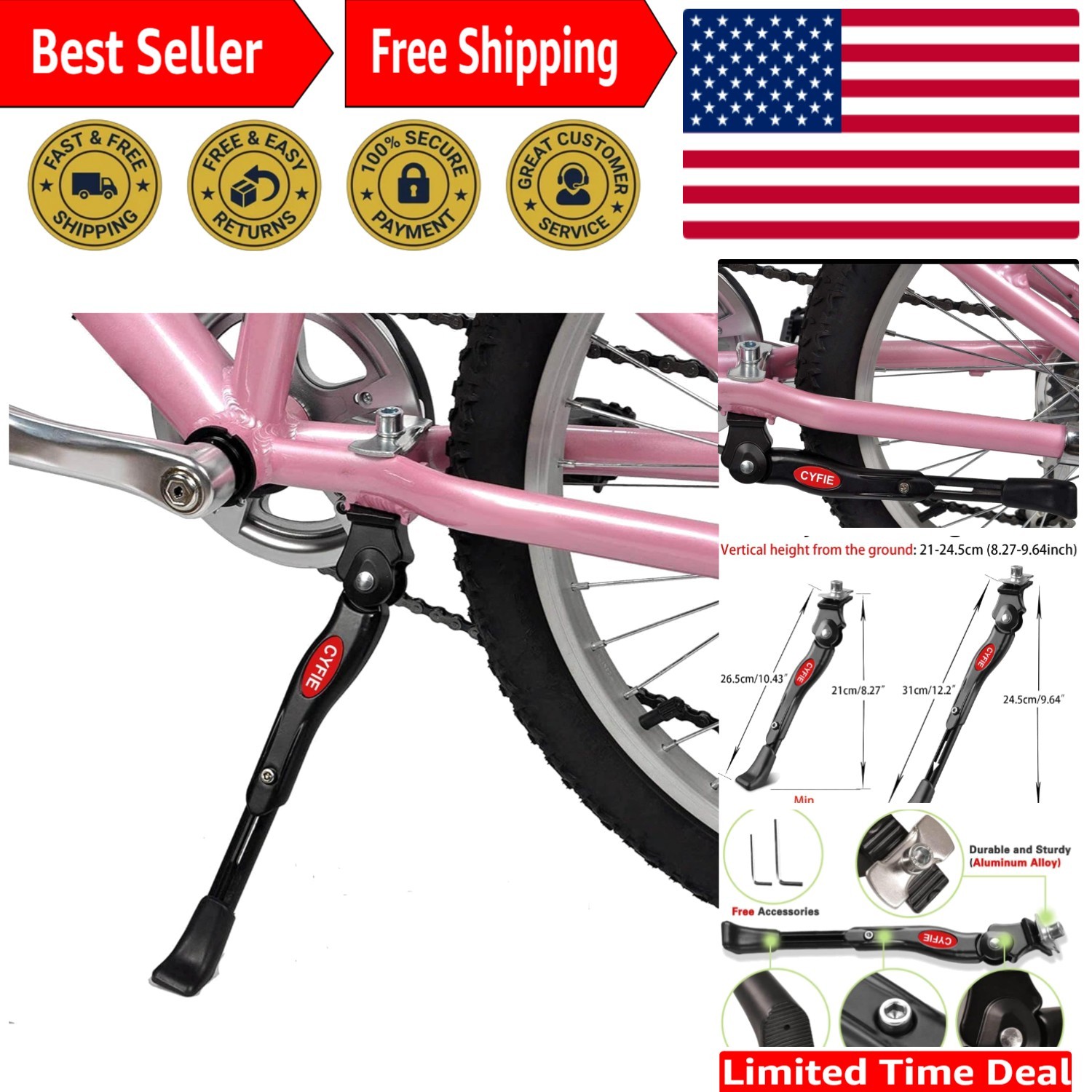 Lightweight Adjustable Bike Kickstand for 16-20 Inch Kids Mountain/Road Bikes