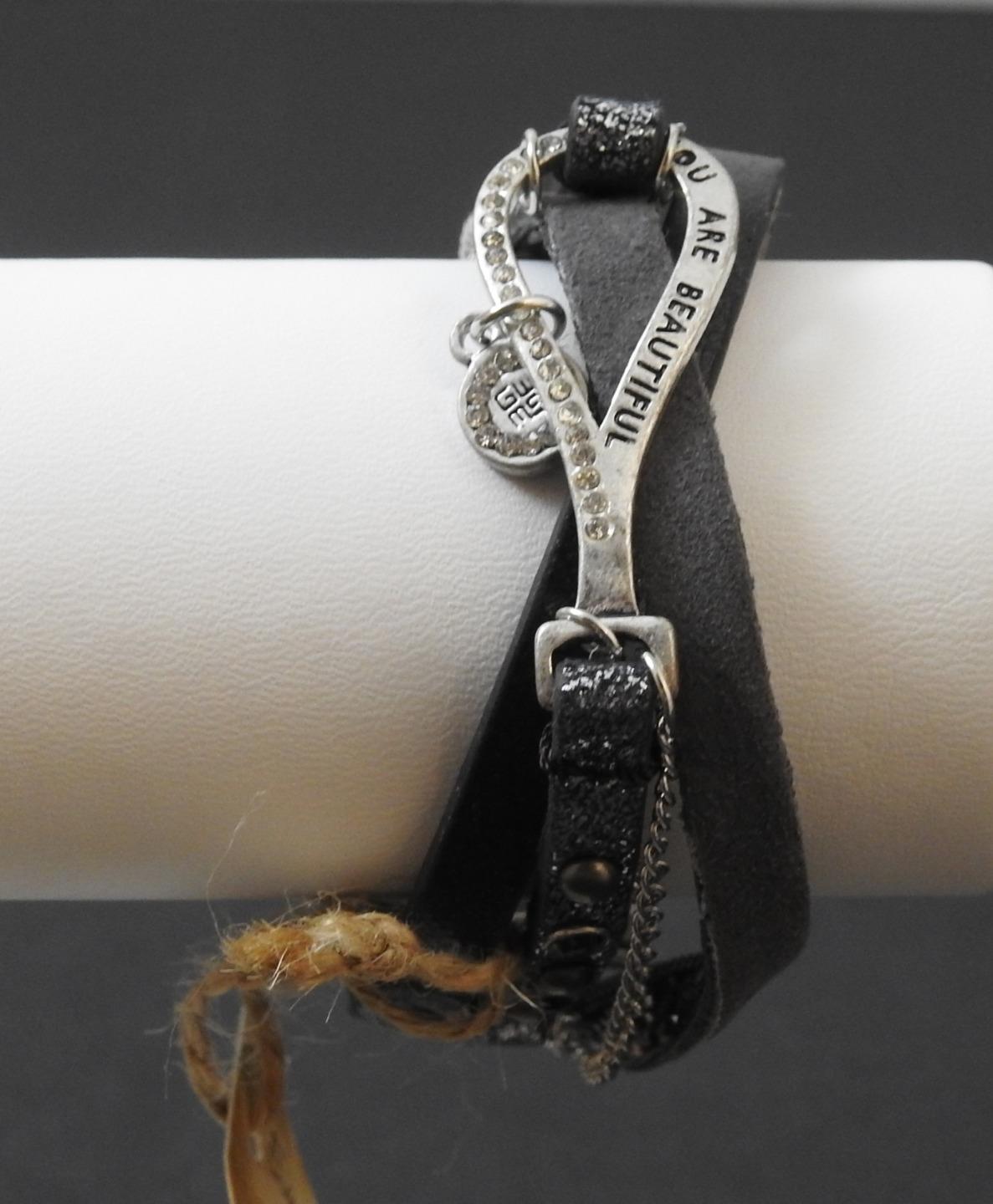 Trio Band Message You Are Beautiful Leather Crystal Metal Stackable Bracelet 8"