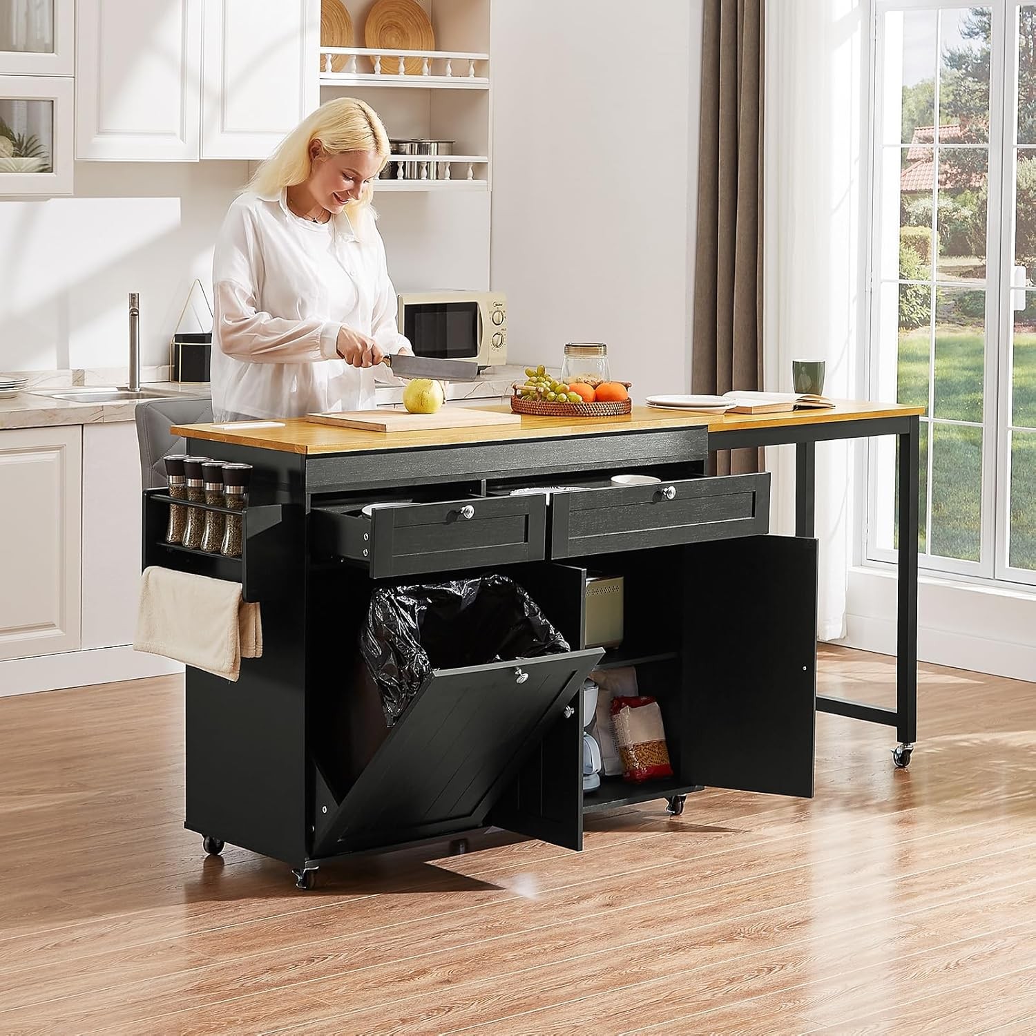 81.7" Kitchen Island with Extendable Dining Table - Mobile Cart, Black