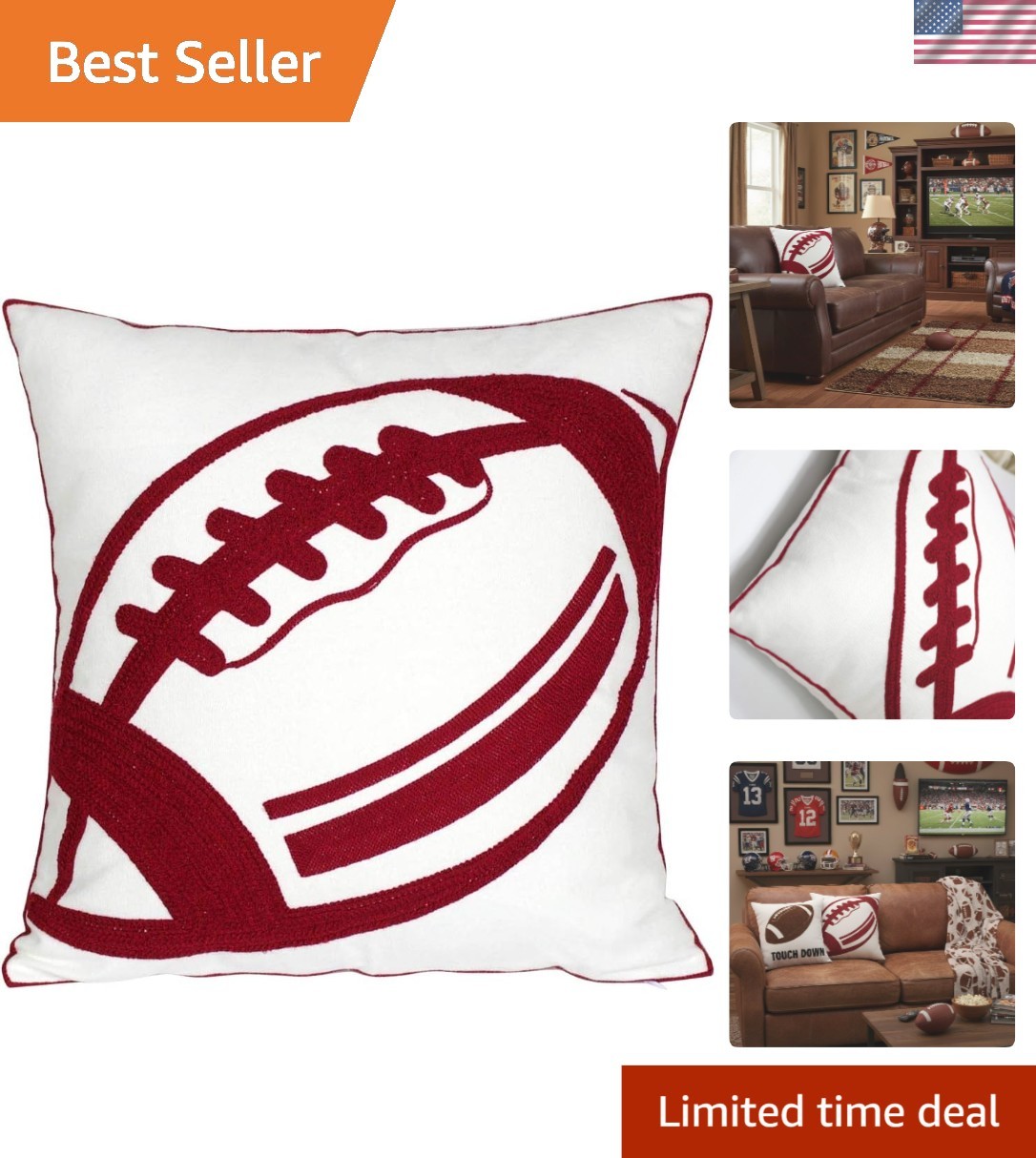 Cotton Embroidered Football Pillow Cover - Perfect for Sports Rooms & Decor