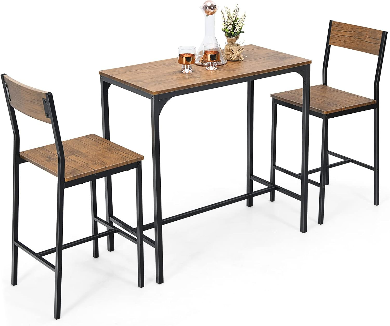 Rustic 3-Piece Pub Table Set with 2 Chairs for Small Spaces, Brown
