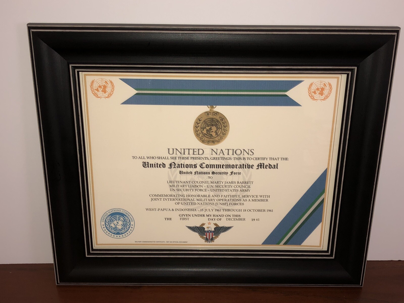 UNITED NATIONS [UN SECURITY FORCE] COMMEMORATIVE MEDAL CERTIFICATE ~ Type 1