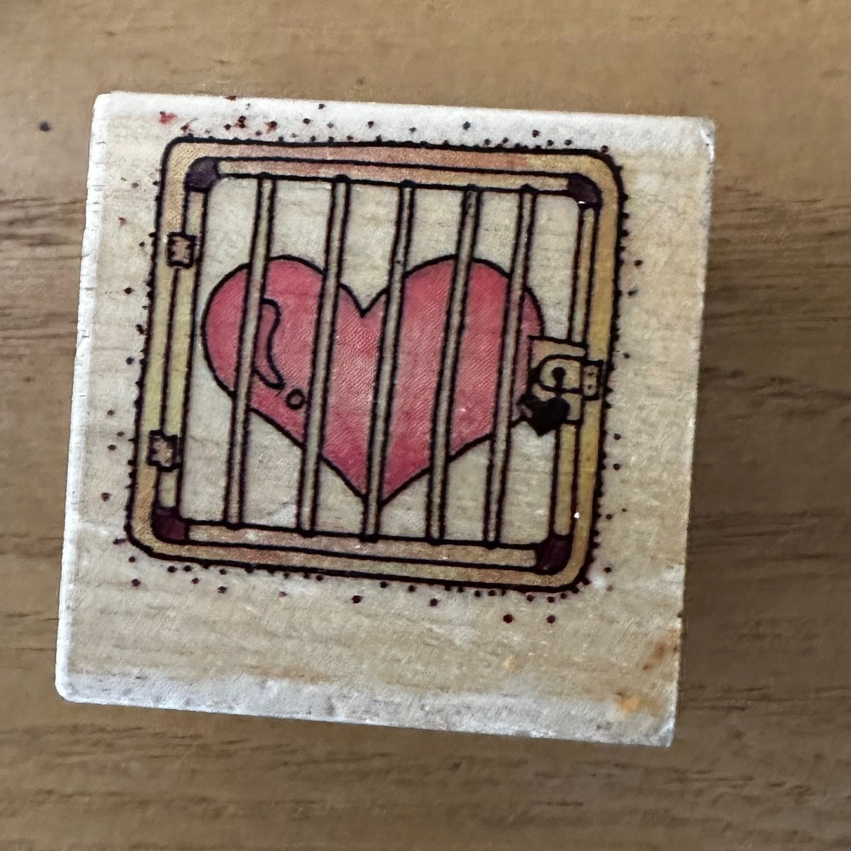 Caged Heart Rubber Stamp Love Locked Illustration Wood Block Mount Retired