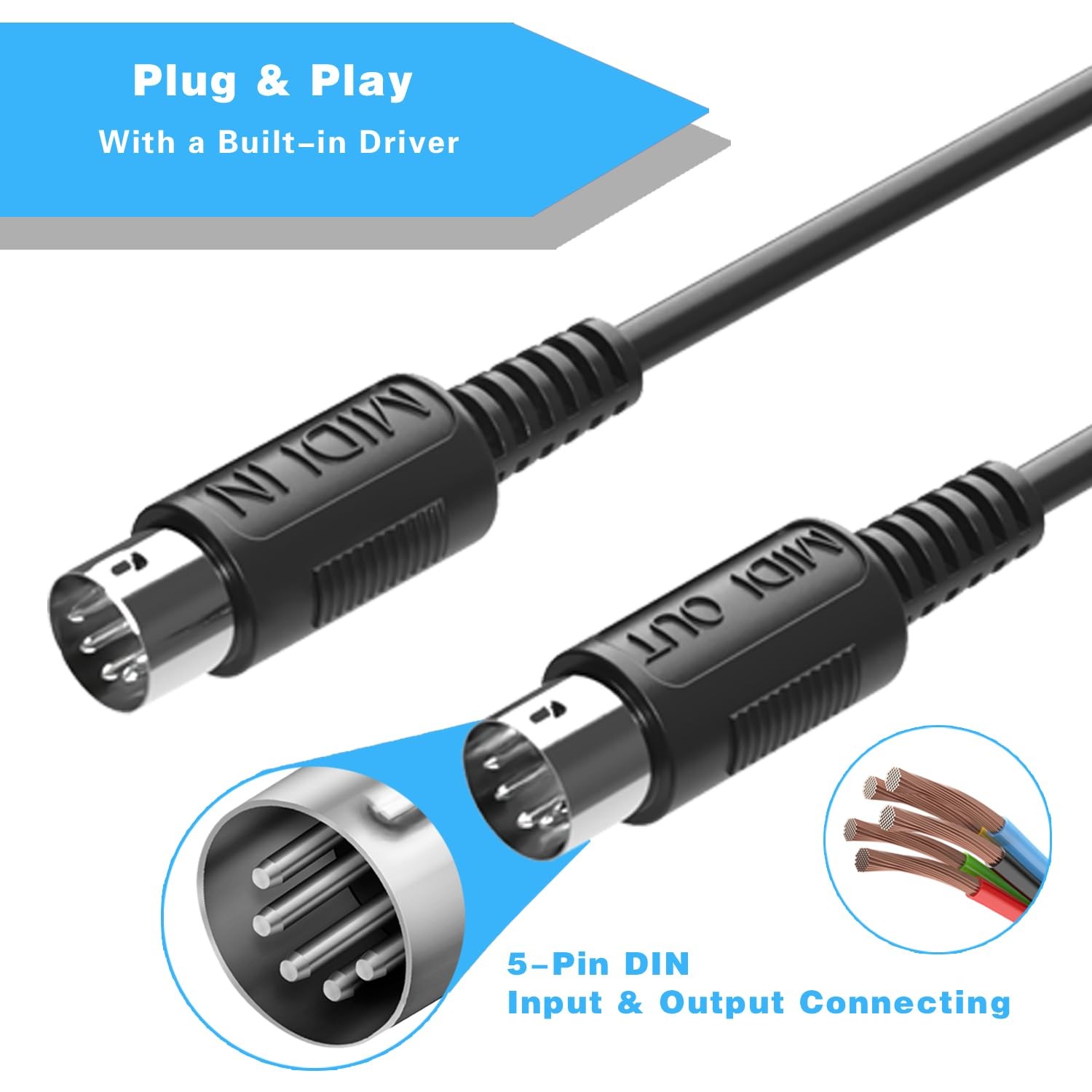 USB~C MIDI Interface Cable, In/Out, iOS/Android, Mac/Windows, 6.5ft