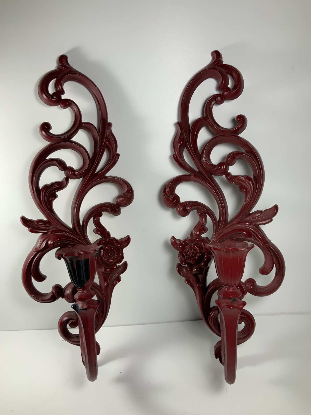 Set of 2 Vintage 1960s Syroco USA Red Swirl Plastic Candlestick Holders 17"