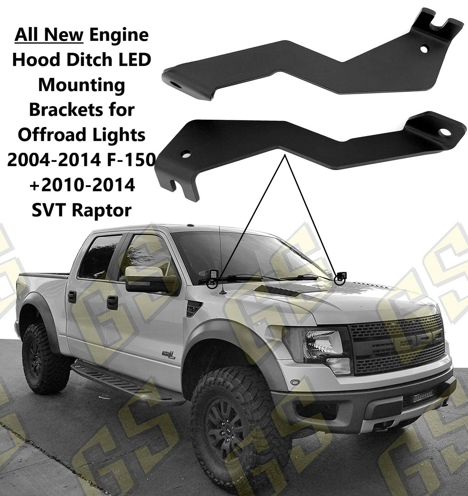Ford F-150 2004-2014 Hood Mount LED Ditch Mounting Brackets for Off-road Lights
