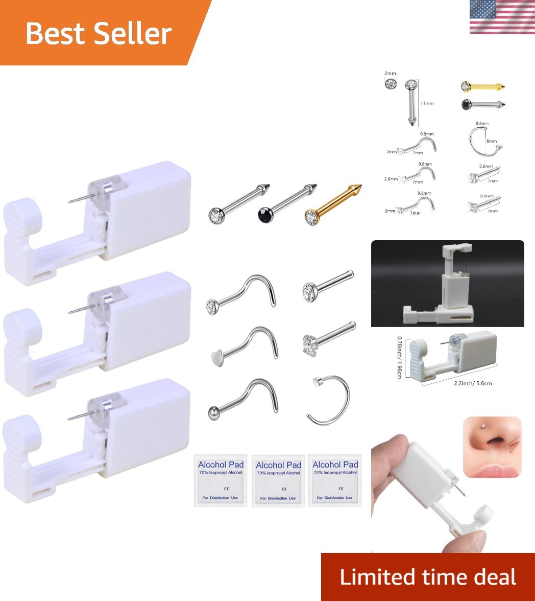 Nose Piercing Kit - 3 Pack Self Piercing Gun, Disposable Safety Kit with Nose...