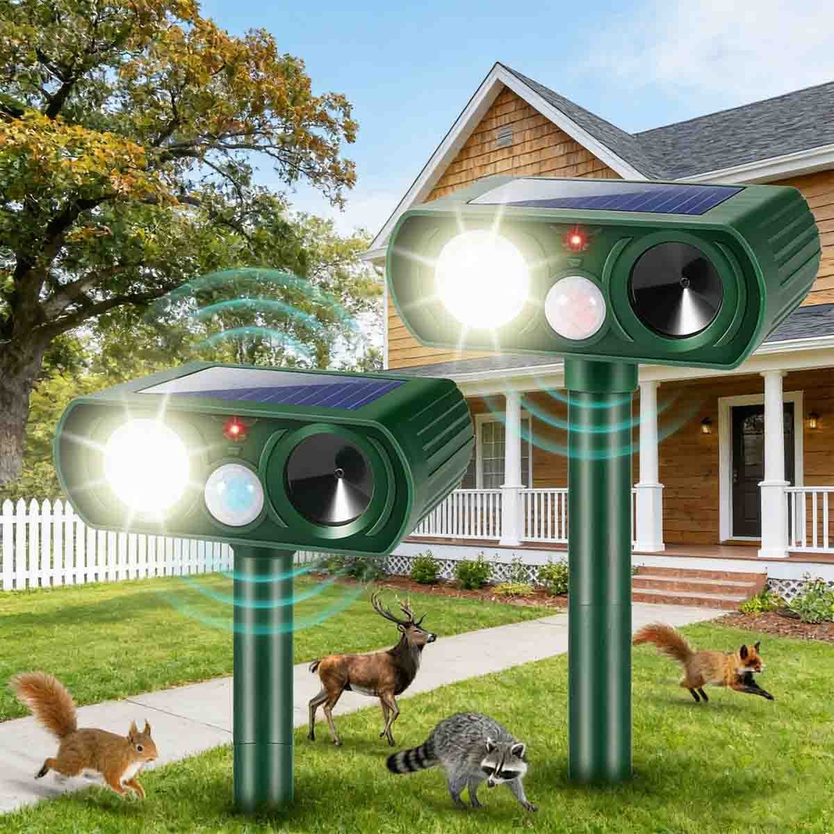 2 Pack Upgraded Solar Ultrasonic Animal Repellent Dog Cat Skunk Deer Raccoon