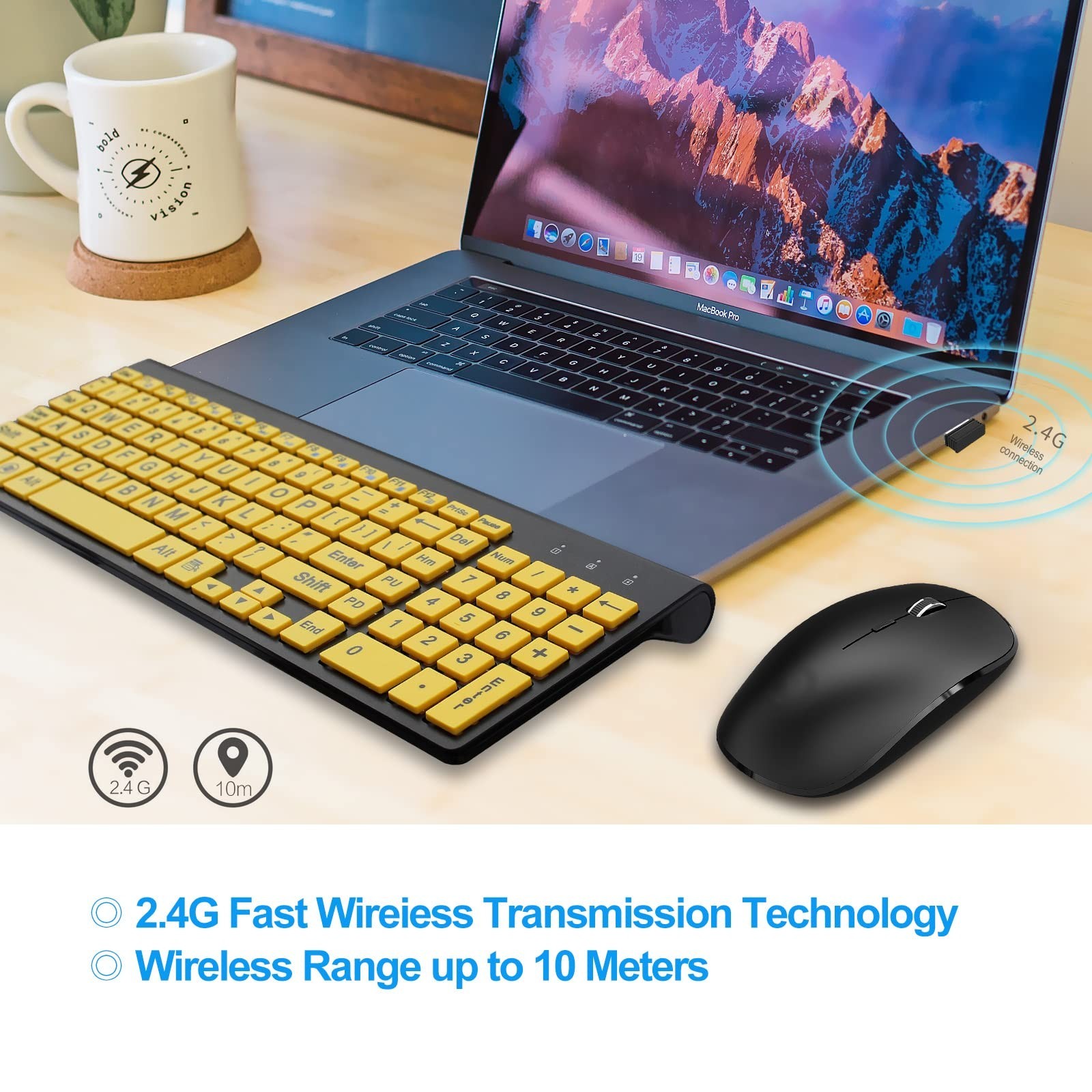 HXMJ-Wireless Large Print Keyboard and Mouse Set with USB Receiver| Quiet Sci...