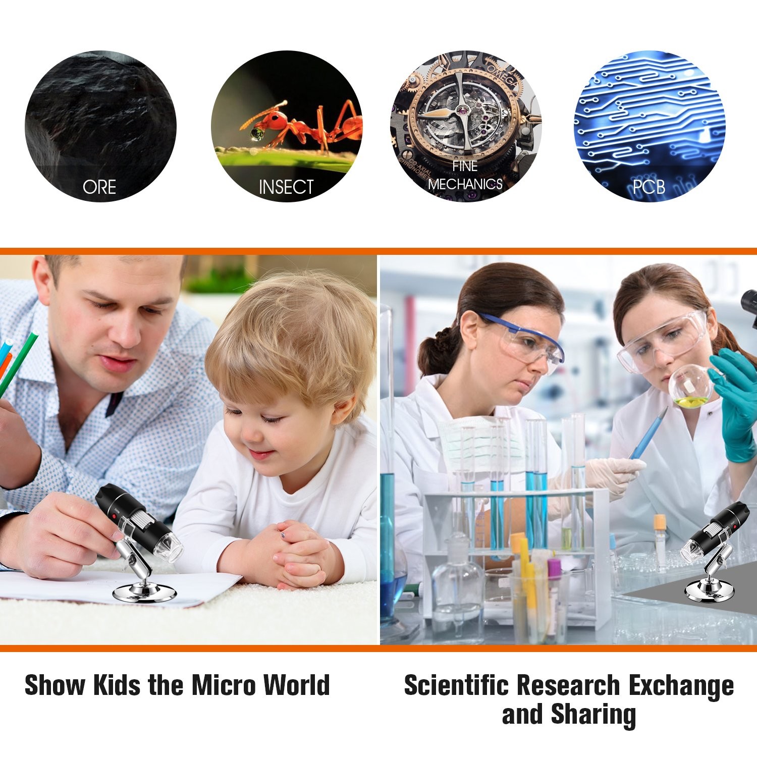 USB Microscope 40-1000X for Android/PC, Digital Camera with 8 LED Lights