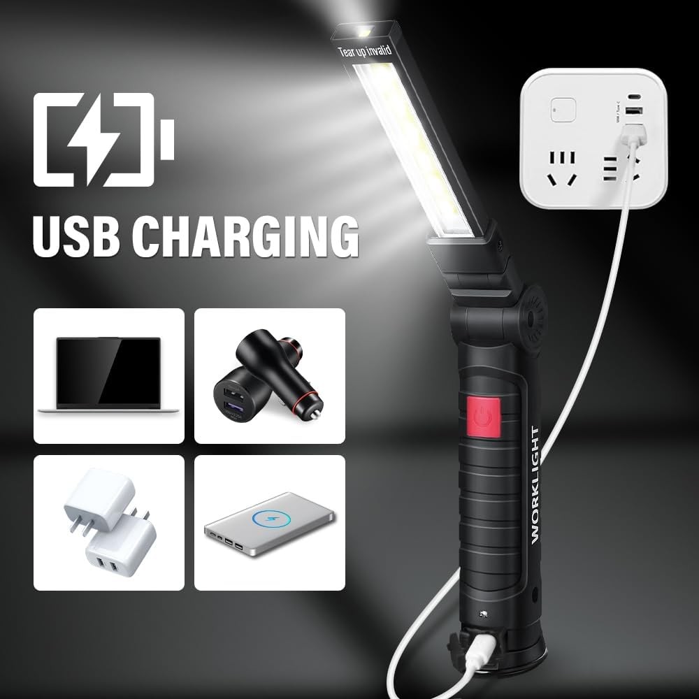 2 Pack Magnetic Base LED COB Work Light Rechargeable Mechanic Torch Flashlight