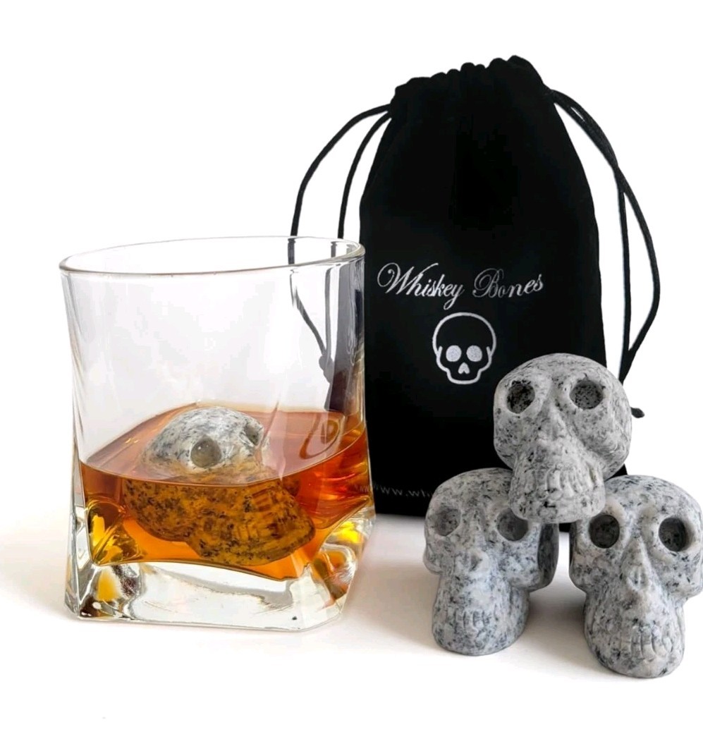 (Set of 4) Hand Carved Granite Whiskey Stone Skulls, Cooling Rocks for Beverages