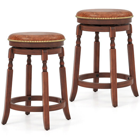 24 Inch Swivel Bar Stool Set of 2 with Upholstered Seat and Rubber Wood Frame-24