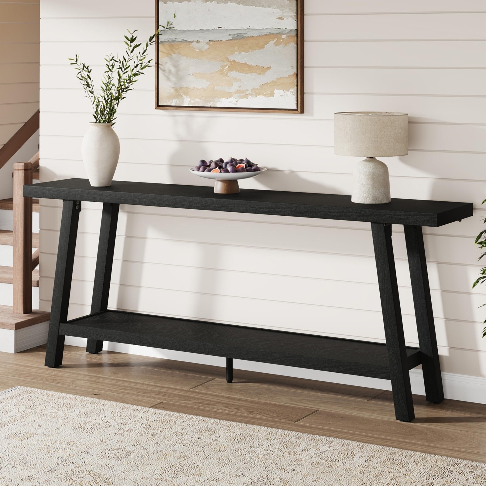 71 Inch Solid Wood Console Table 2-Tier Farmhouse Narrow Entryway Sofa Table