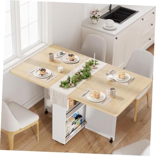 Folding Dining Table with Storage, Folding Kitchen Table with 6 Burlywood