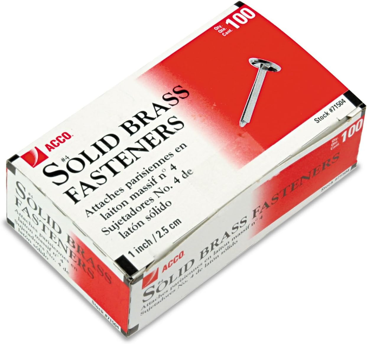ACCO Brands Solid Brass Paper Fasteners, 1 Inch Capacity, 100 Fasteners per Box