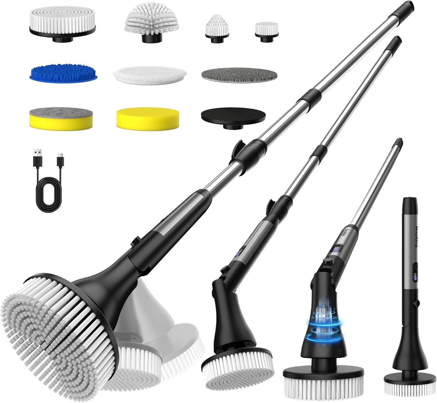 MayKing Electric Spin Scrubber with 9 Brush Heads, 3-Angle & 4-Length Adjustable
