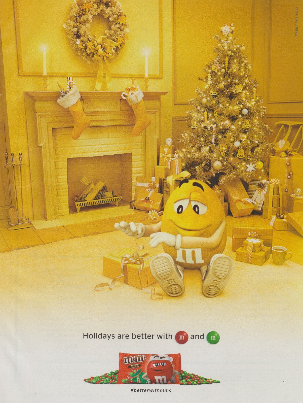 2017 Mars M&M's Candy - Yellow Christmas Gift Wrapping, Fireplace - Print Ad Art