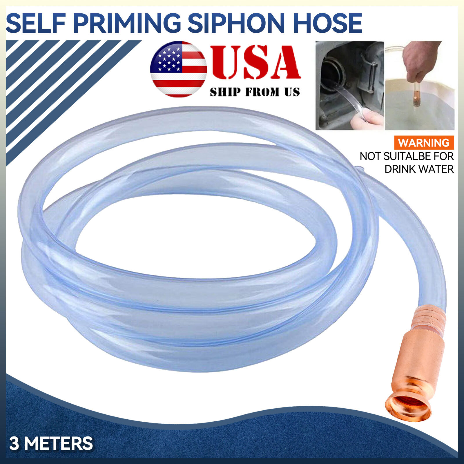 10FT Siphon Hose Pump Self Priming Jiggler Shaker Transfer Fuel Water Gas Oil US