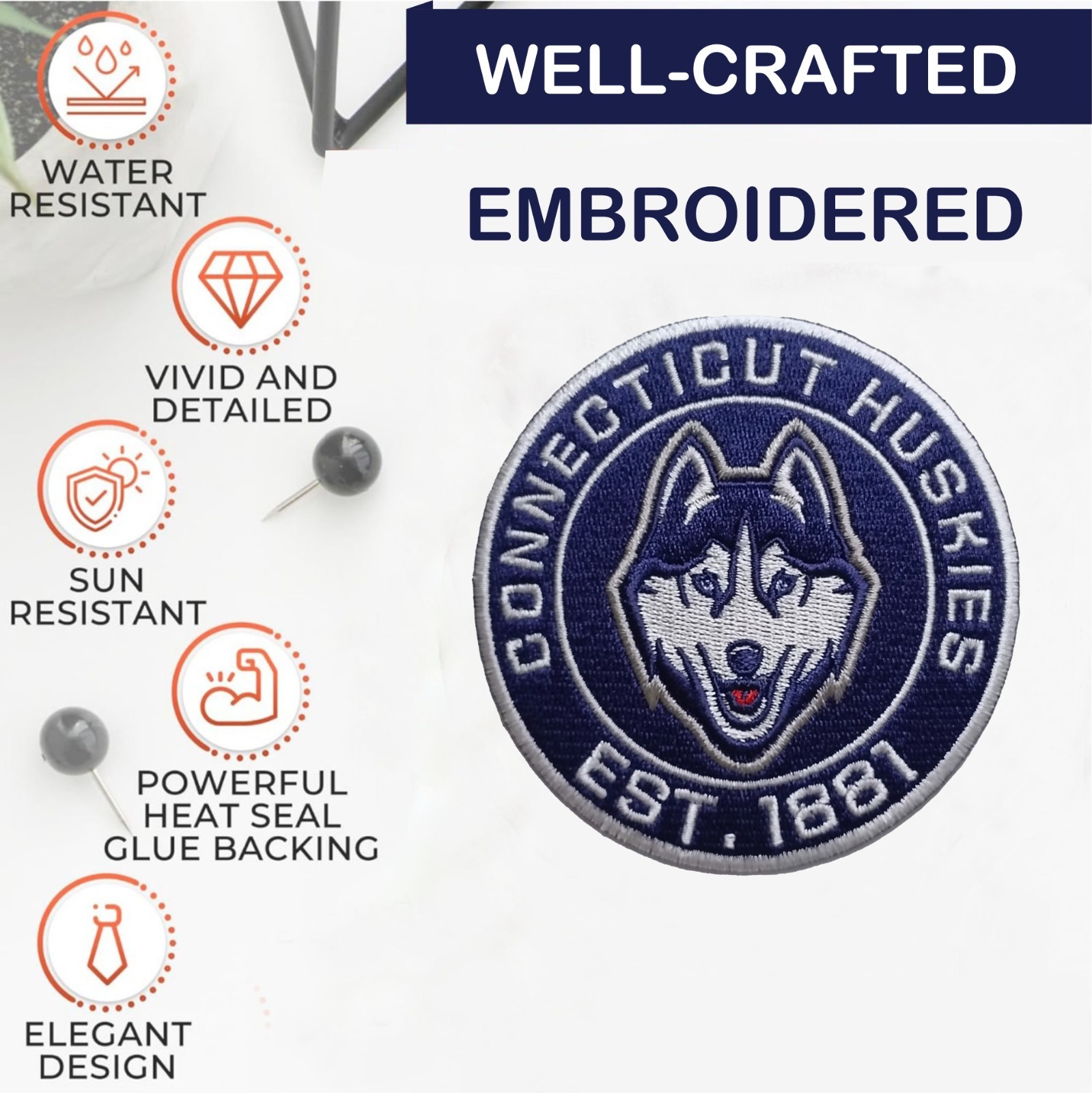 Connecticut Huskies NCAA Team Logo Iron On Patch - Sew Patch - Embroidered Patch