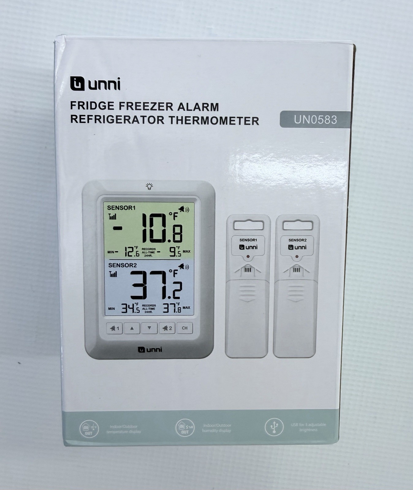 UNNI UN0583 Fridge Freezer Alarm Thermometer 2 Wireless Sensors LCD Display