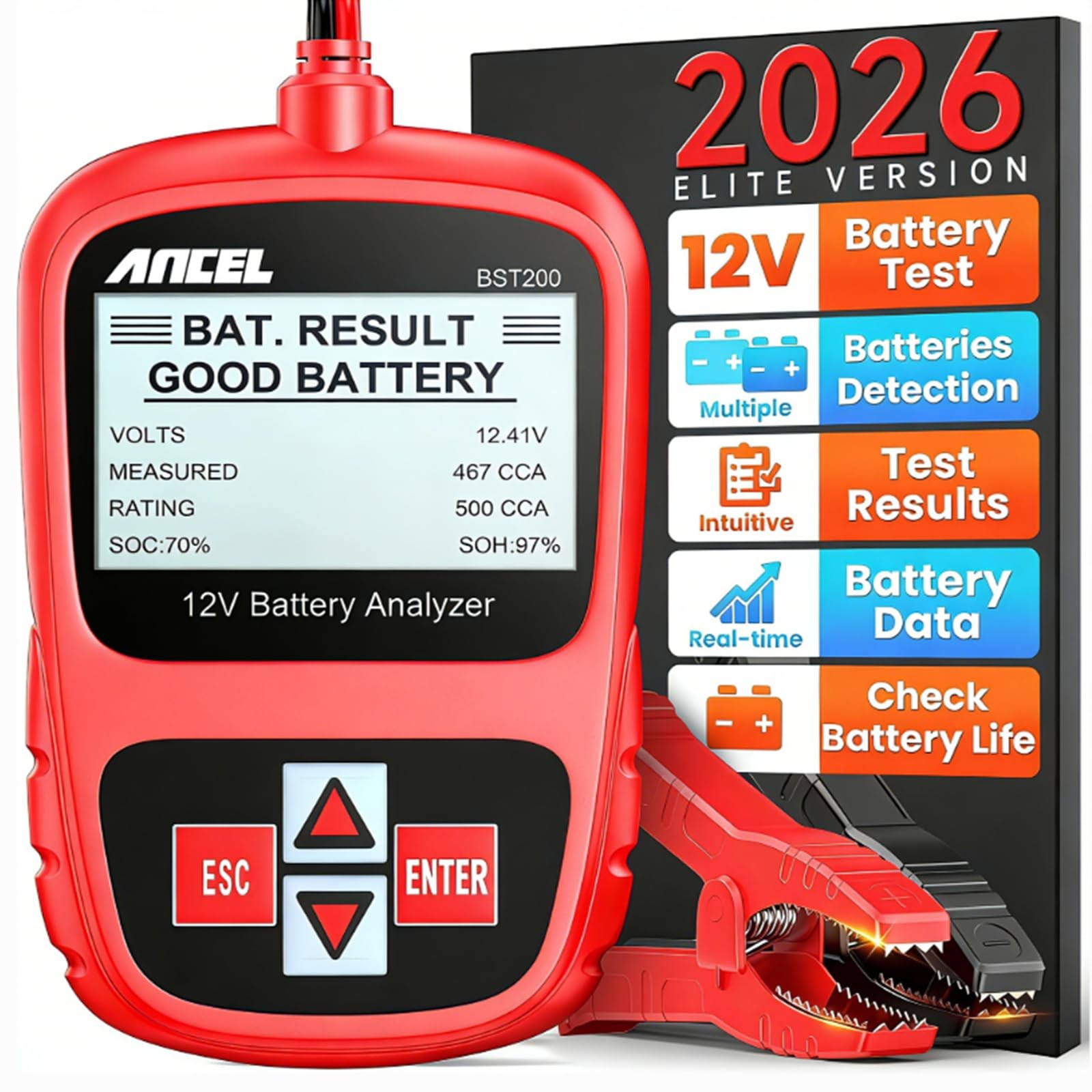 ANCEL BST200 Car Battery Tester 12V Load Tester, 100-1100 BST200, RED