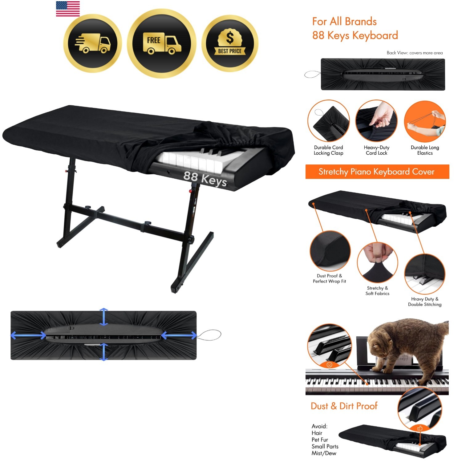 88 Keys Piano Keyboard Dust Cover, Music Dirt Proof Stretchy Electronic Keybo...