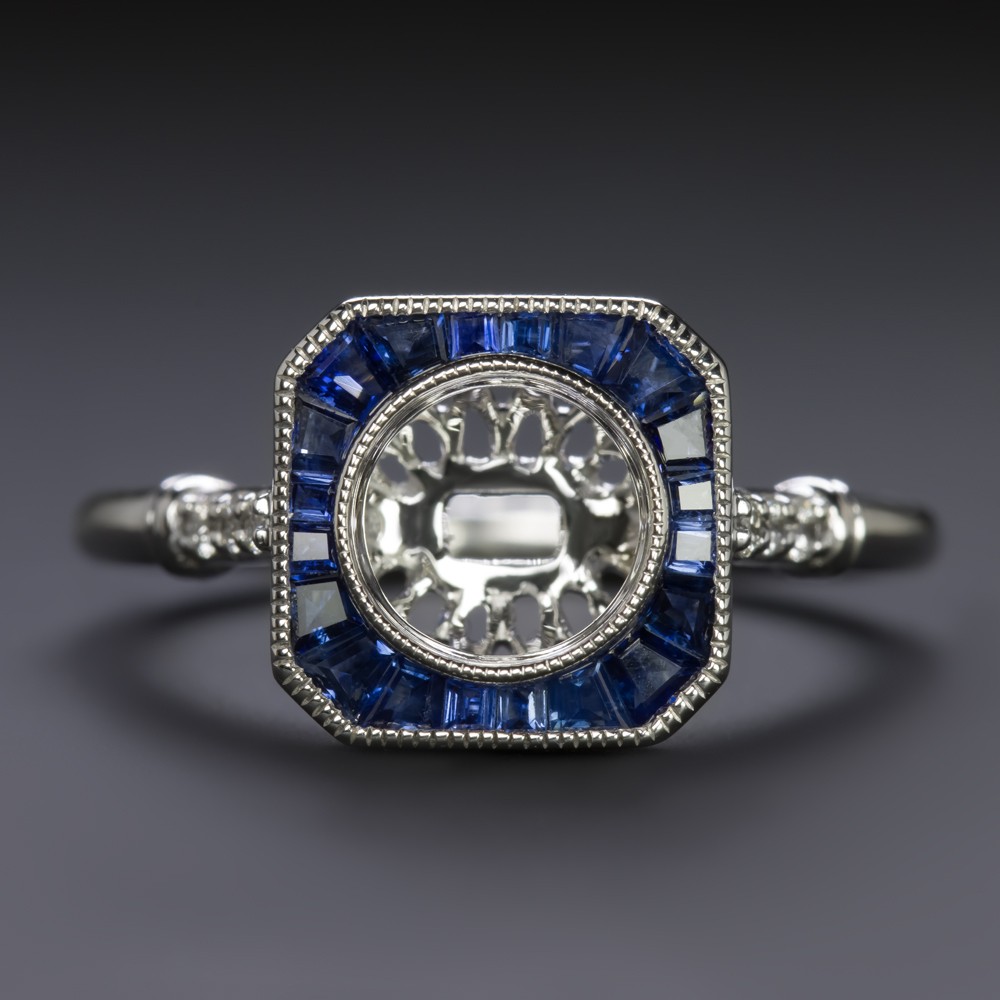 VINTAGE STYLE SAPPHIRE HALO ENGAGEMENT RING SETTING ROUND BEZEL MOUNT WHITE GOLD