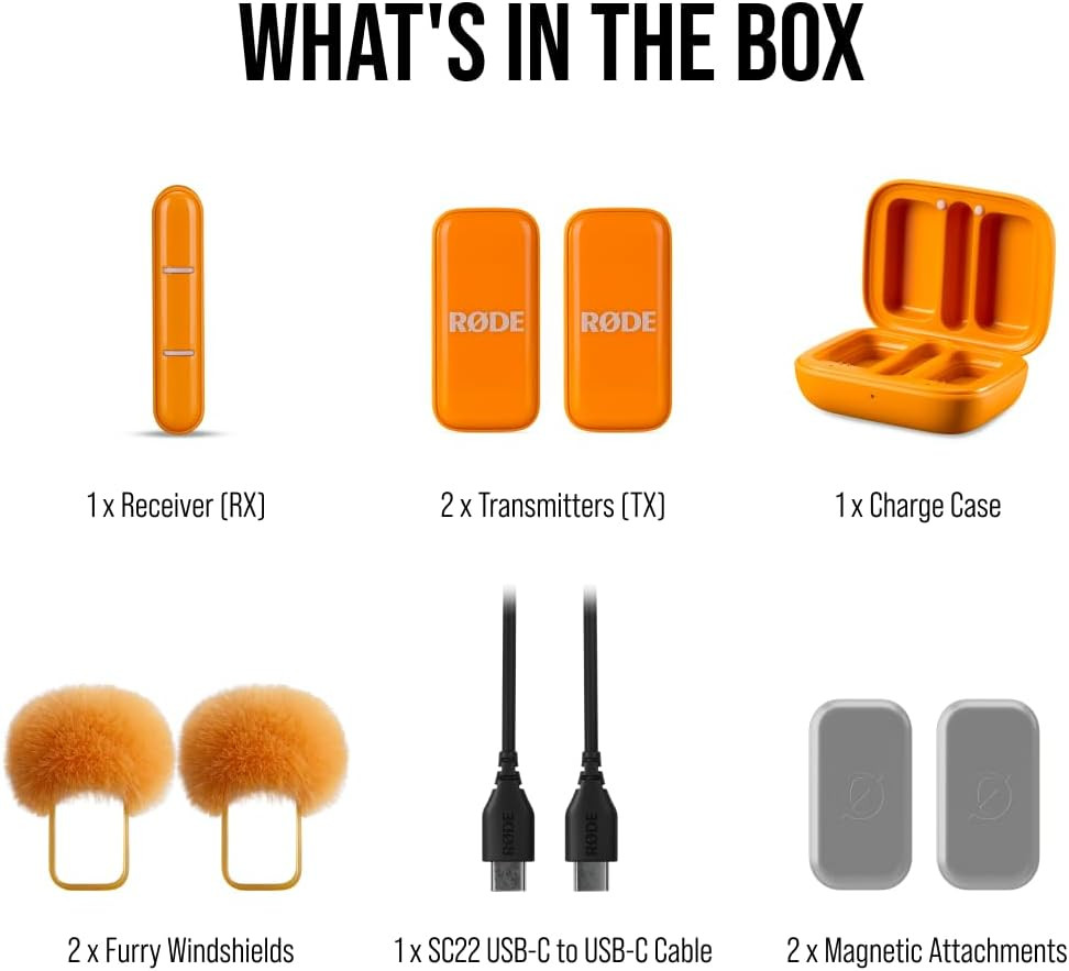 Compact Wireless Microphone Set for Smartphones - 2 Mics & Charging Case, Orange