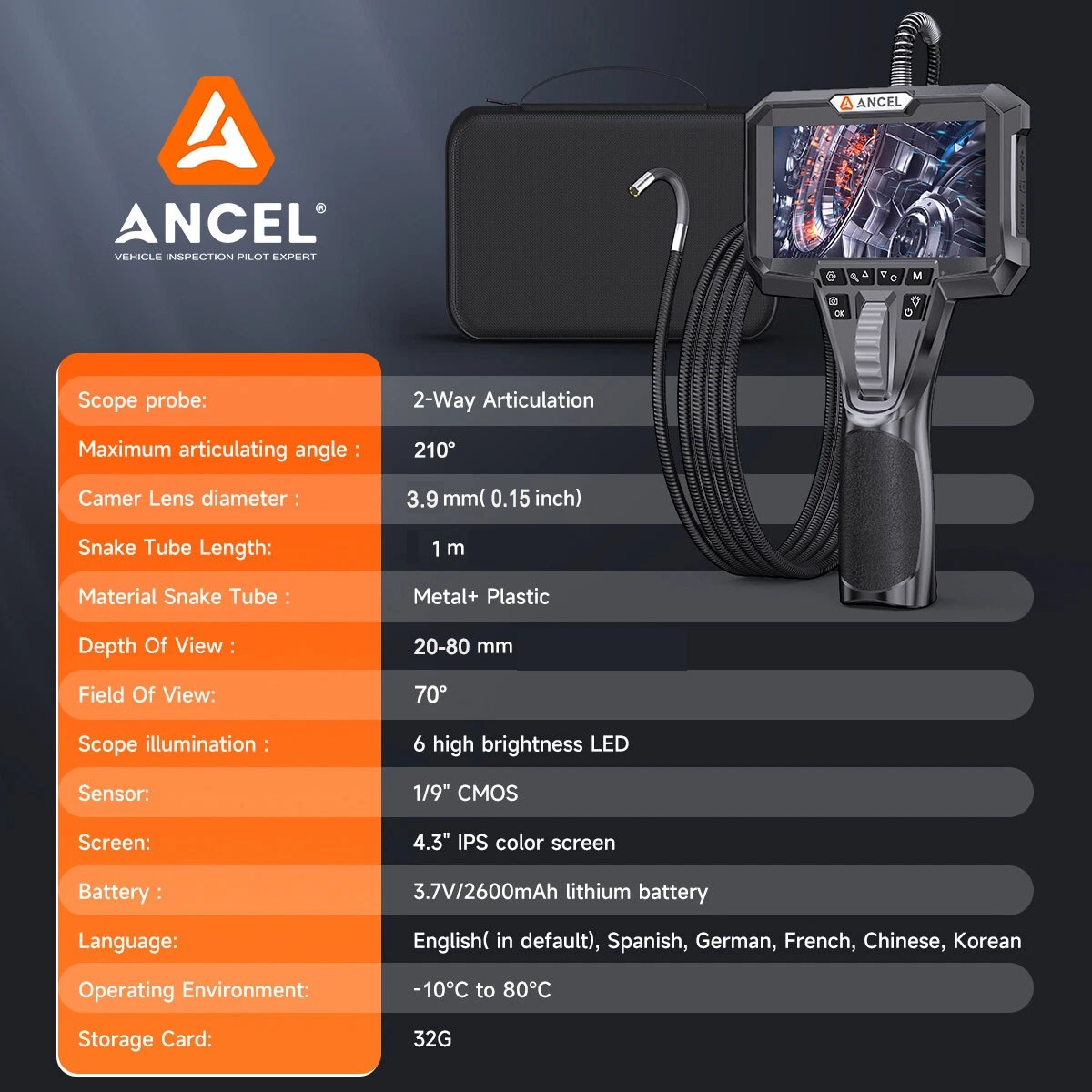 ANCEL AN303 3.9MM Borescope Camera 2-way 210° Inspection Endscope 4.3inch Screen