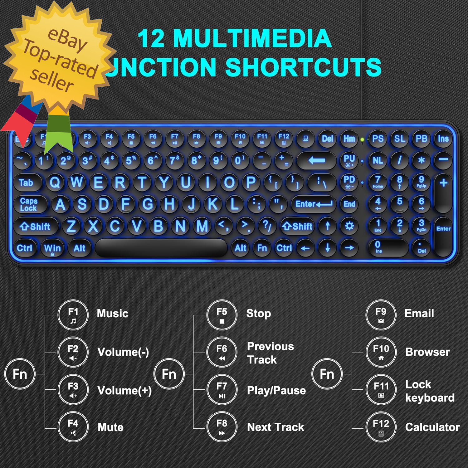 Large Print Backlit Keyboard, Wired USB Lighted Computer Keyboards with 7-Color