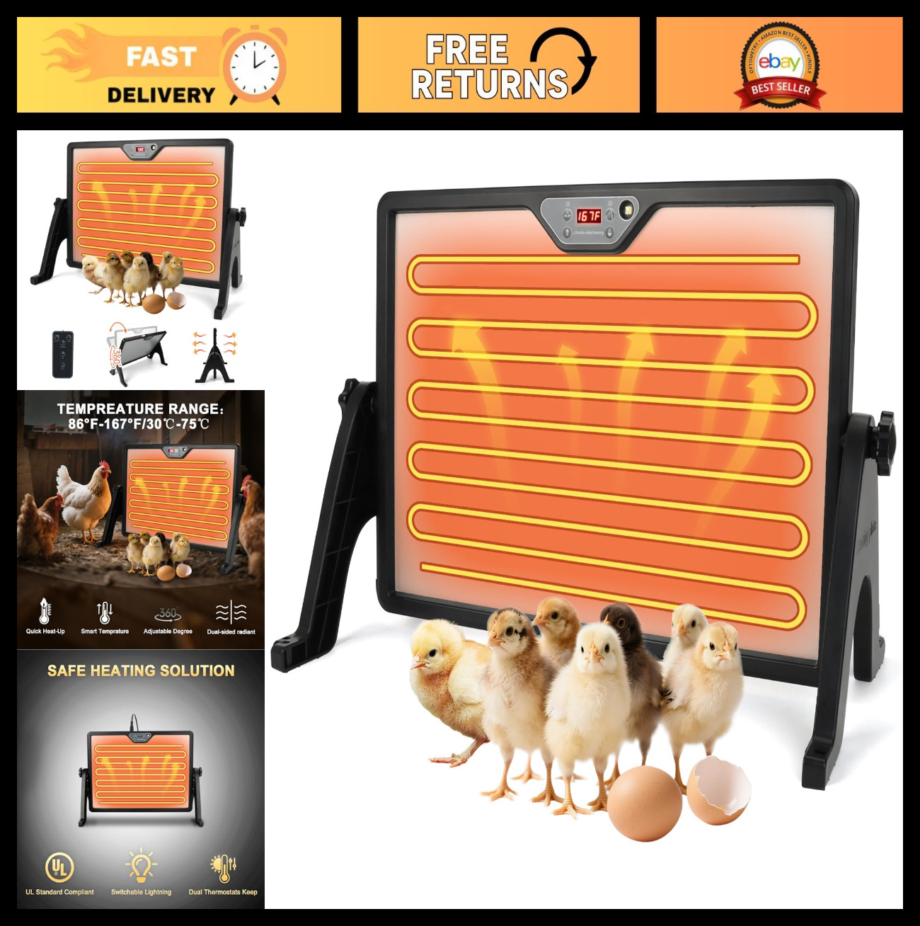 180W Chicken Brooder Heater with Stand, Temp Control & Remote, Heat Plate for Po