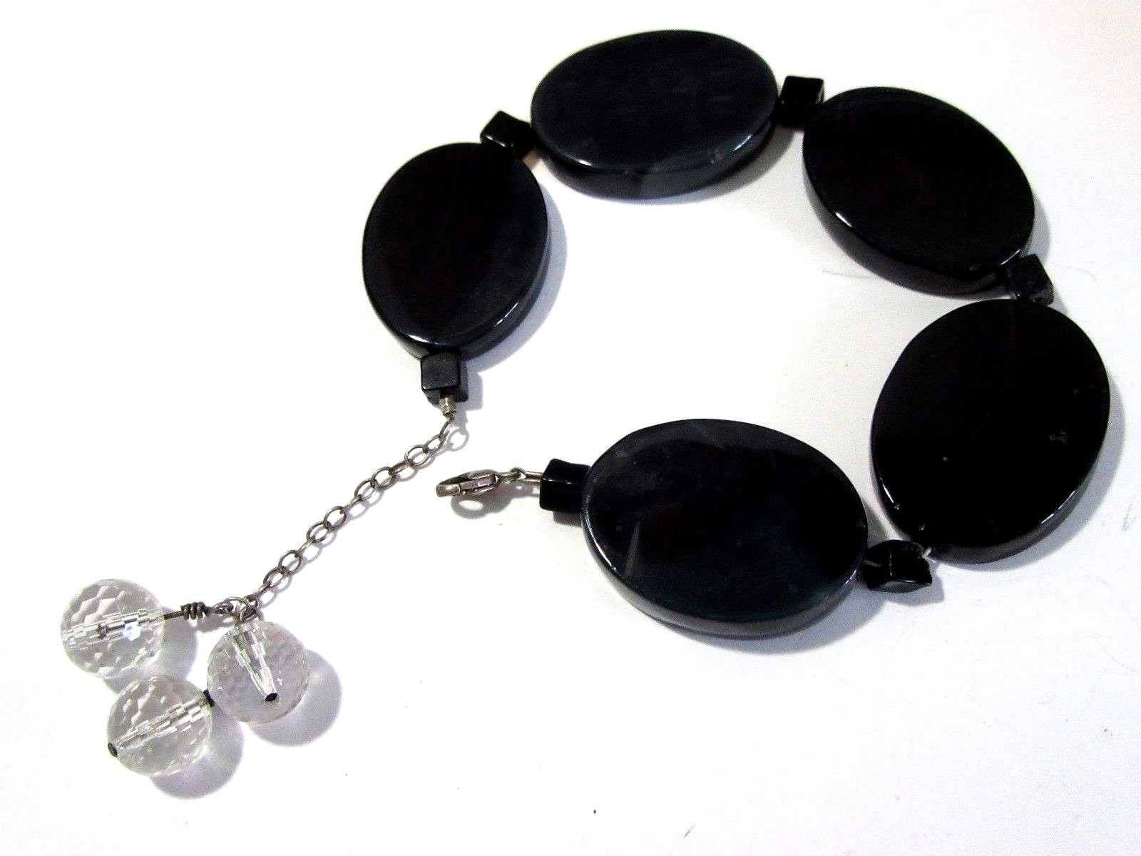 HANDCRAFTED BRACELET LARGE BLACK OVAL GEMSTONES WITH THREE DANGLE CRYSTAL BEADS
