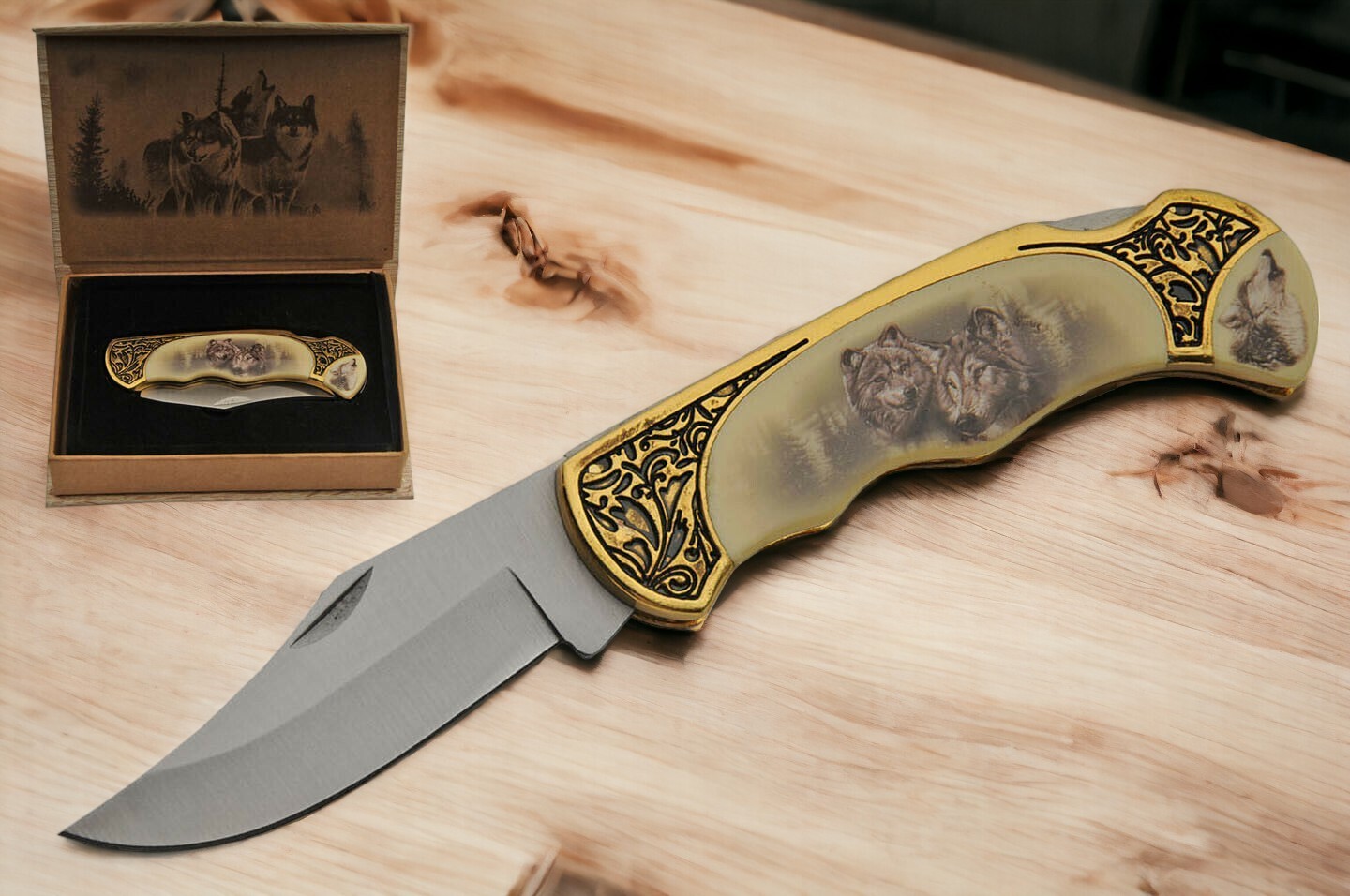 Folding Pocket Knife Stainless Blade 4.75" Wolf Wildlife Cardboard Gift Box