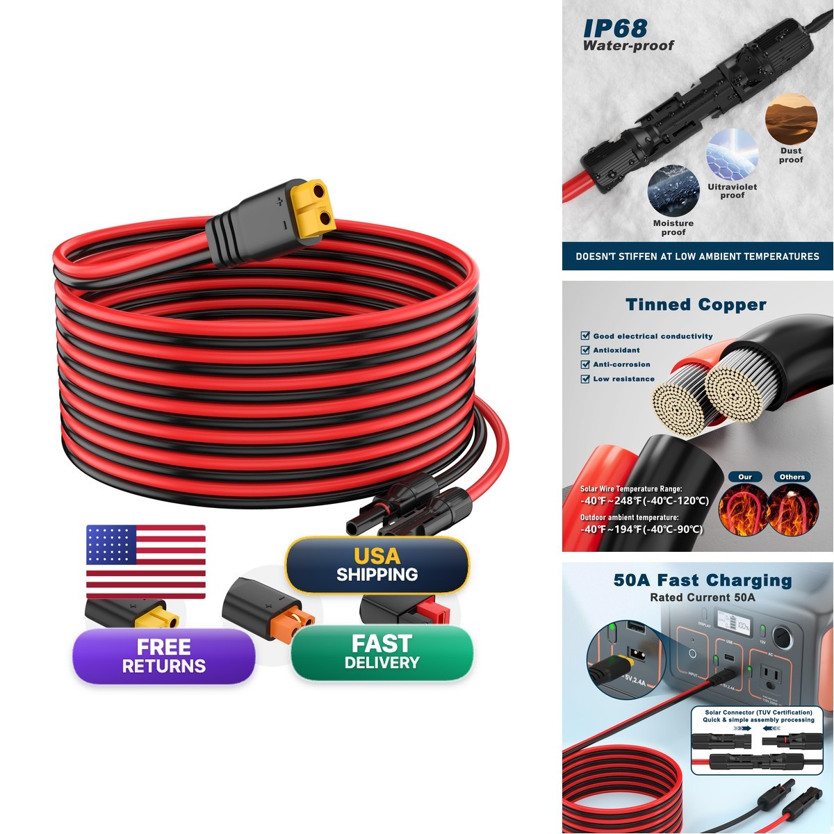 Baluoqi 10AWG Solar Connector XT60 Adapter Extension Cable Solar Panel Potable
