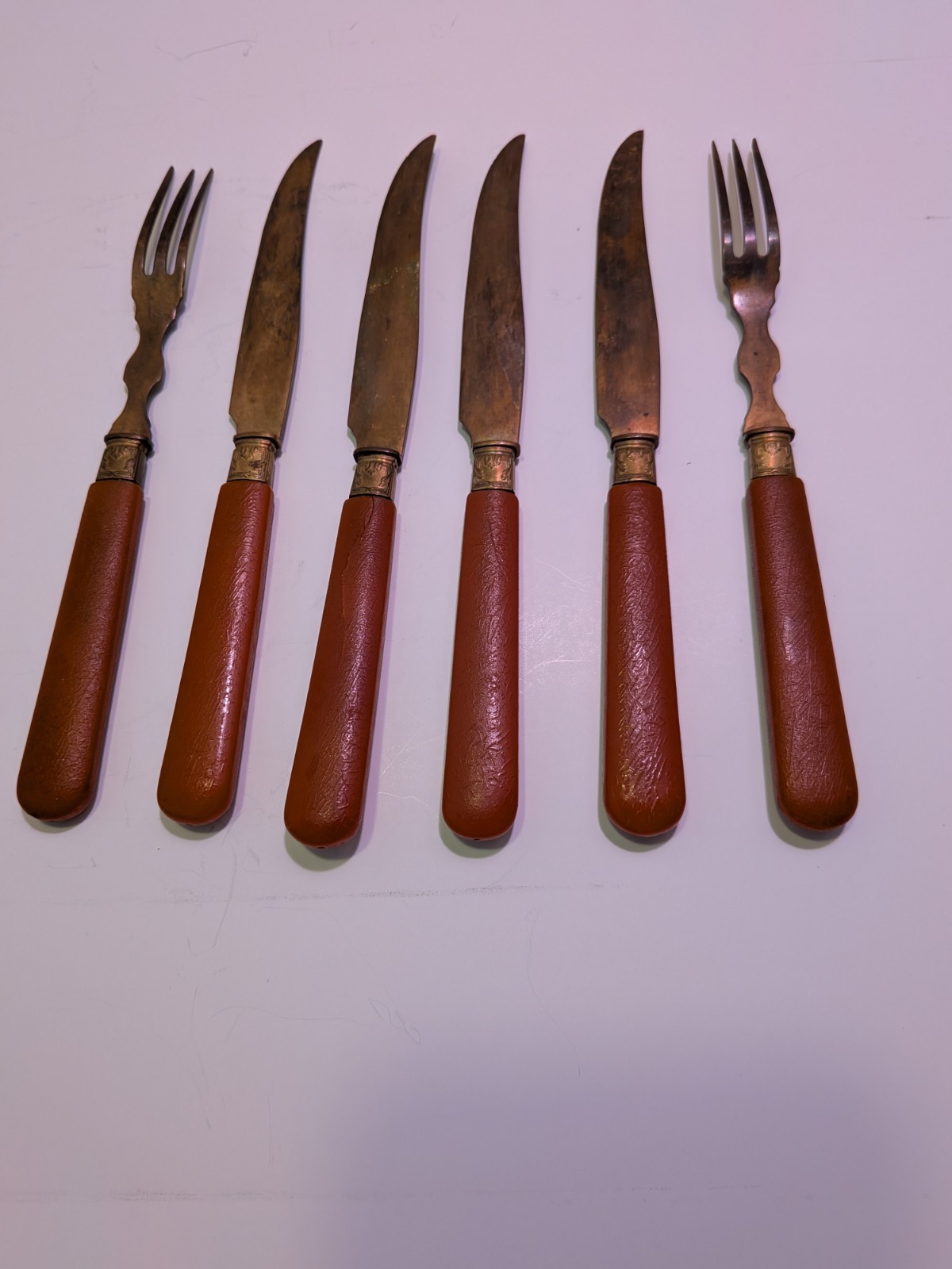 Vintage Red And Brass Fork And Knife Set 6 Ct