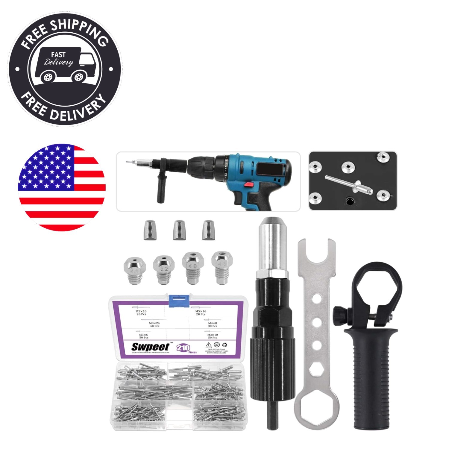 Complete 211Pcs Electric Rivet Adapter Kit with Multiple Rivet Sizes Included