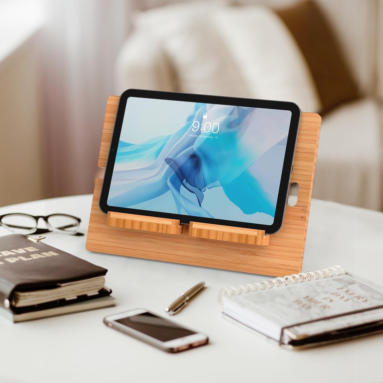 Bamboo Tablet Stand Adjustable, Desktop Cell Phone Stand Holder Dock Compatib...