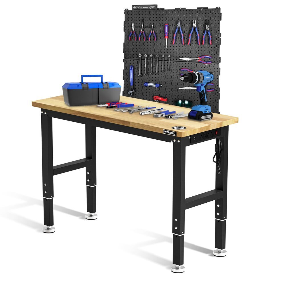 48"Adjustable Workbench w/2 Pack 16"x32" Metal Pegboard Rubber Wood Top