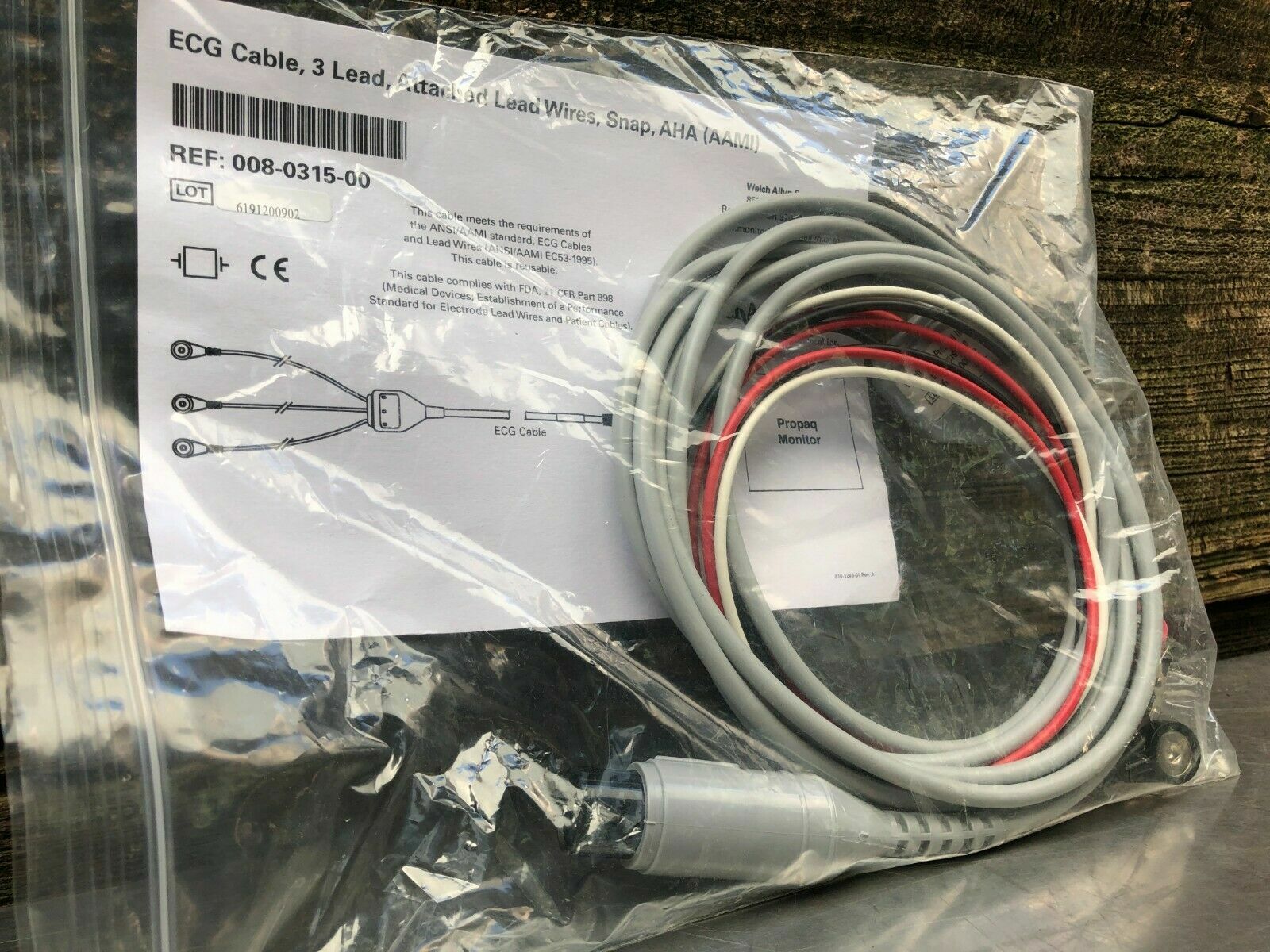 Welch Allyn ECG 3 Lead Patient CableSnap Connector 1 Piece Shielded 008-0315-00