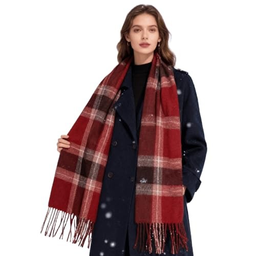 IZUS Men Women Christmas Red Plaid Scarf Cashmere-Feeling 14"W*78"L Plaid-red#2