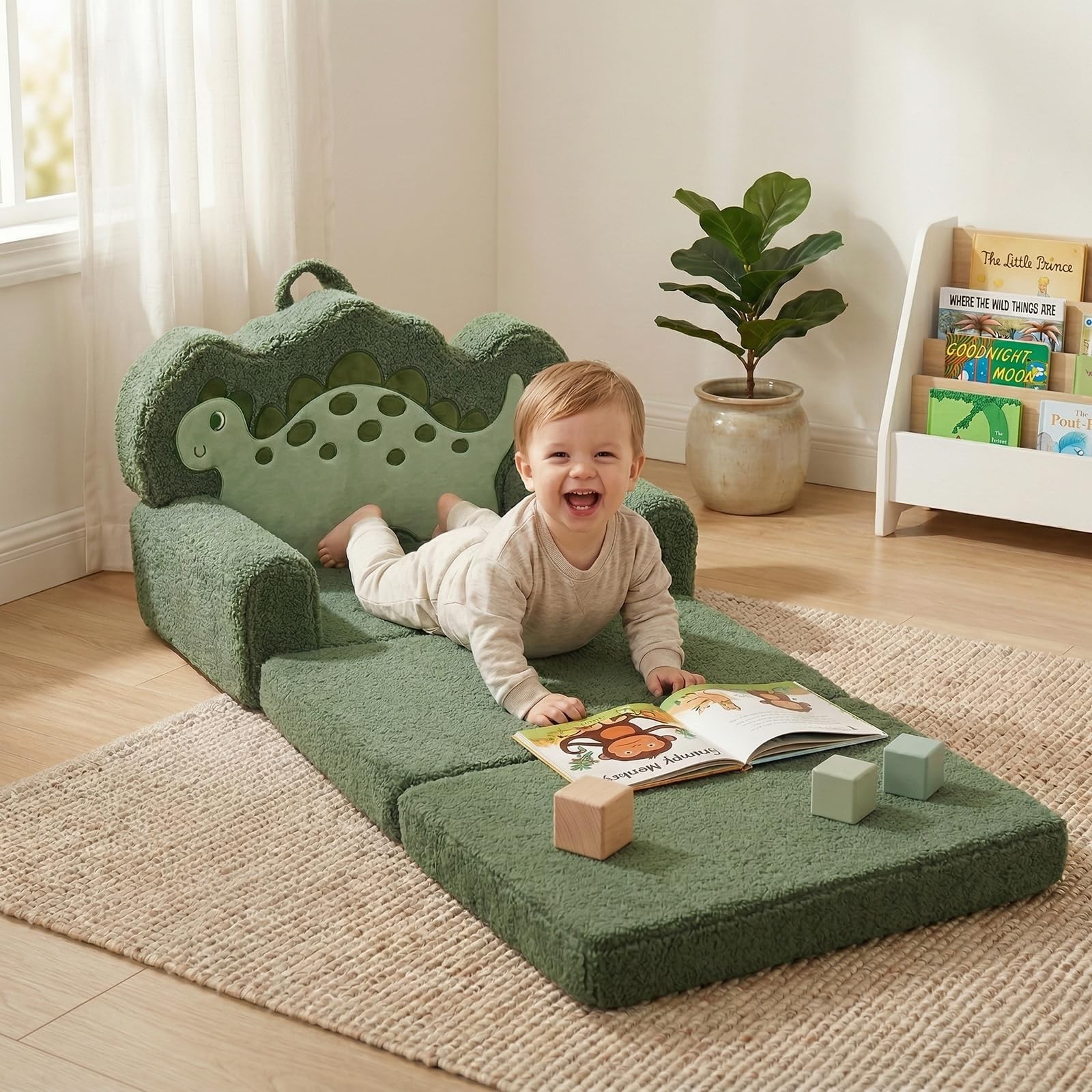 Kids Couch, Convertible Sofa to Lounger Fold Out, Green Dinosaur Design Chair...