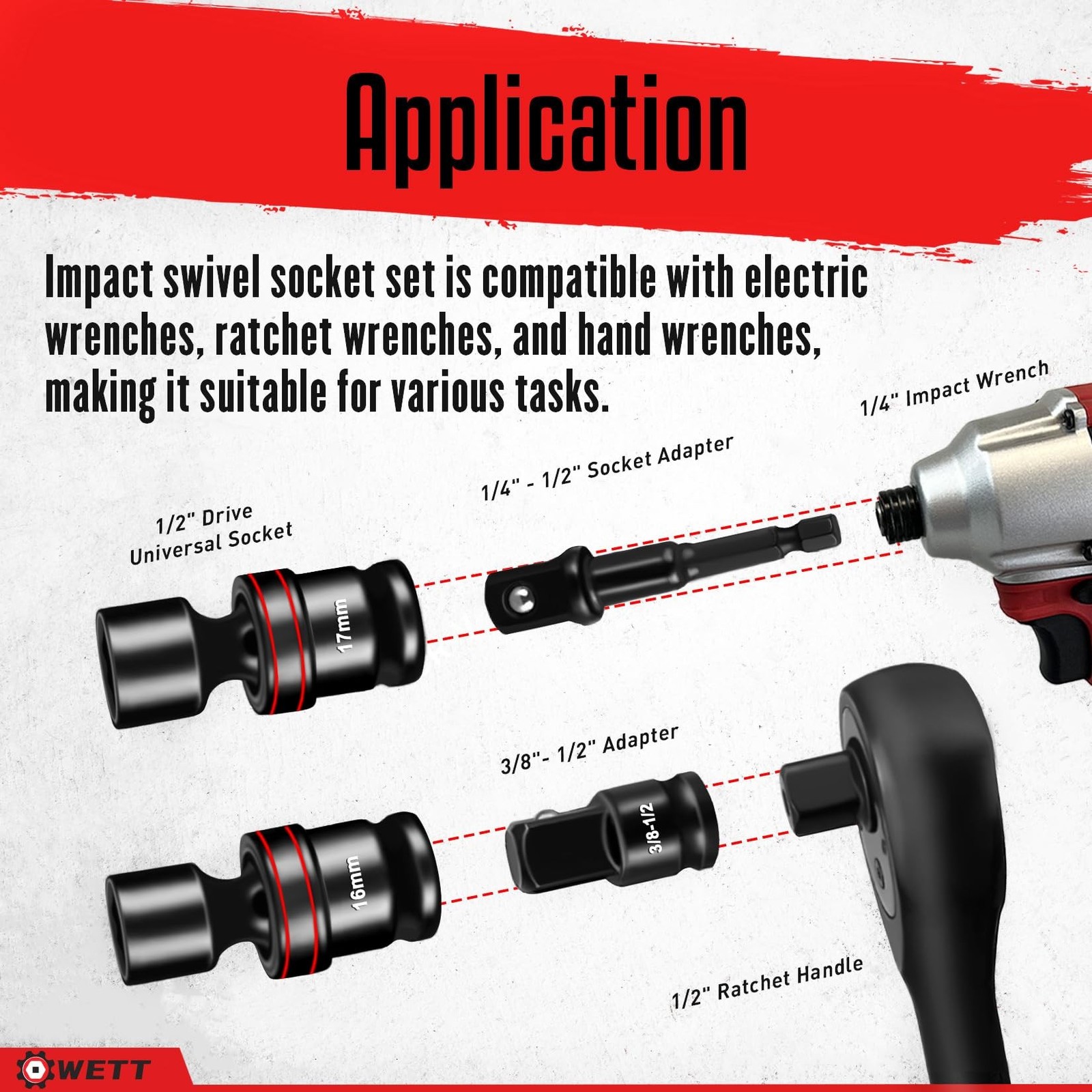 WETT 18-Piece 1/2" Drive Shallow Impact Universal Joint Socket Set,... Fast Ship
