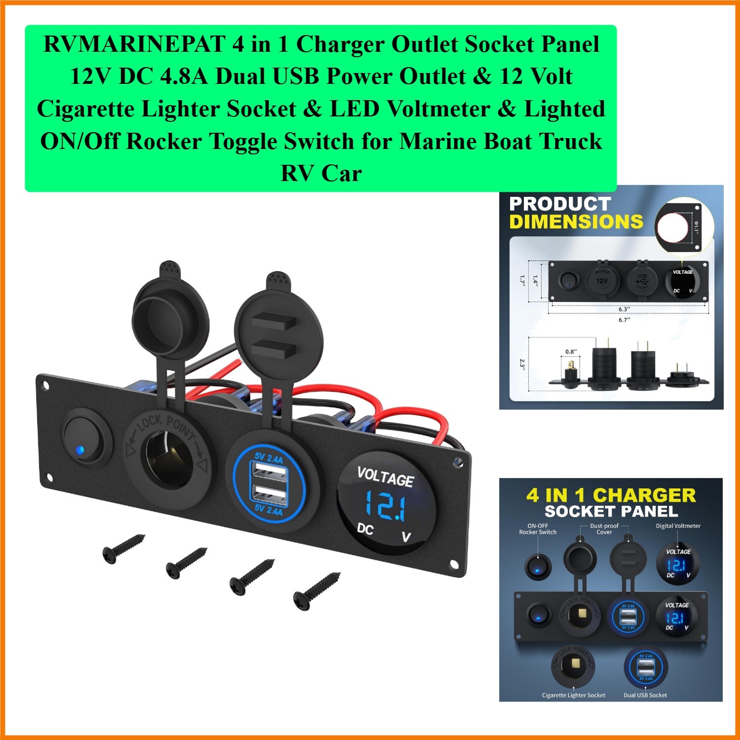 4 in 1 Charger Outlet Socket Panel 12V DC 4.8A Dual USB Power Outlet & 12 Vol...