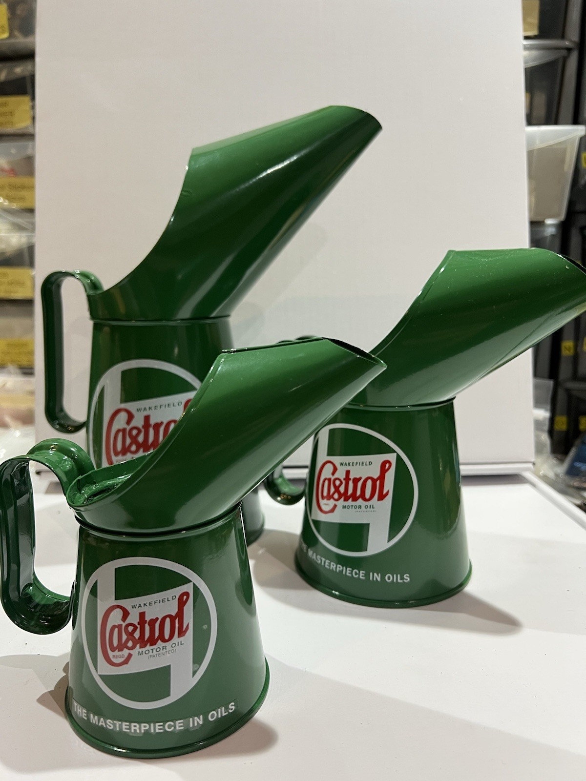 Castrol Classic Oil Jug Pourer Pouring Cans Set 3 Quart , Pint , Half Pint