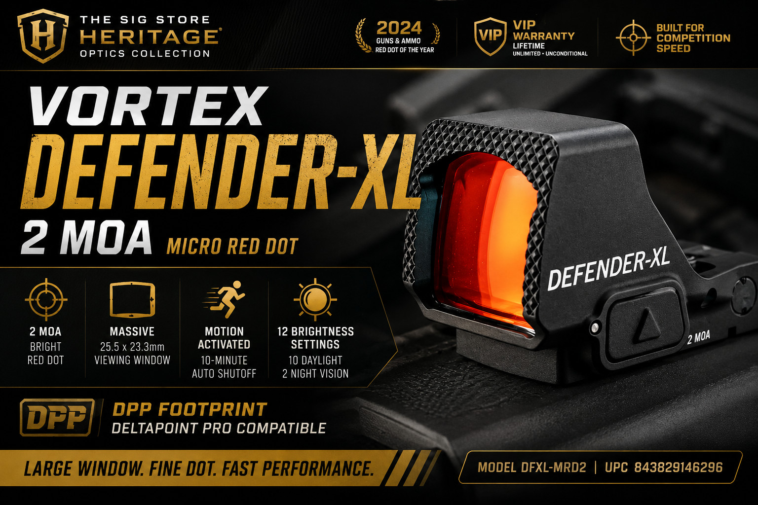 Vortex Defender-XL 2 MOA Red Dot DPP Motion Activated DFXL-MRD2 New Large Window