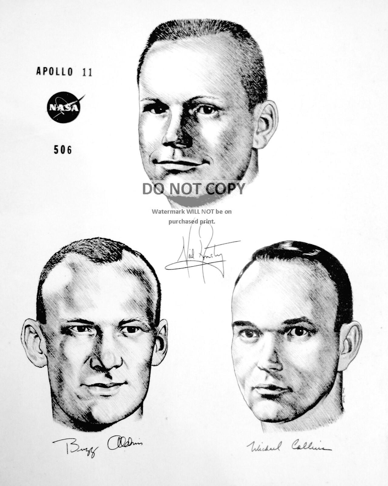 REPRINT OF HAND-DRAWN SKETCHES OF APOLLO 11 ASTRONAUTS  8X10 NASA PHOTO (MW-070)