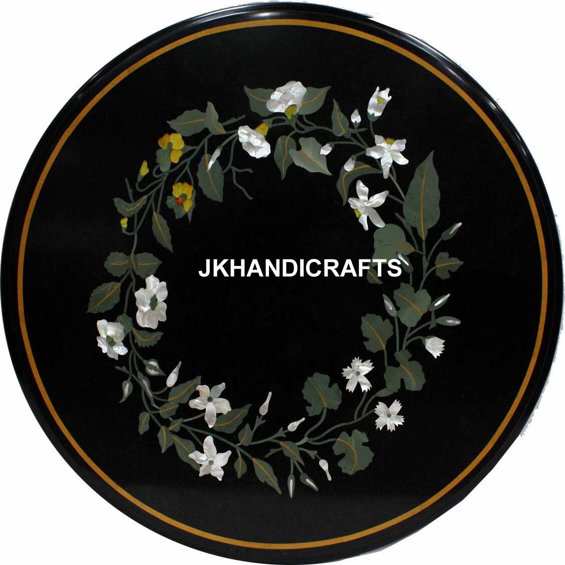 Roun black marble coffee table handmade inlay work semiprecious stone table